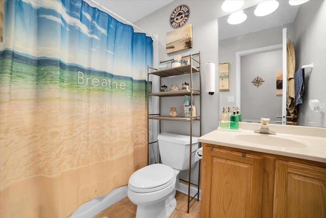 full bath featuring toilet, a shower with curtain, tile patterned flooring, and vanity