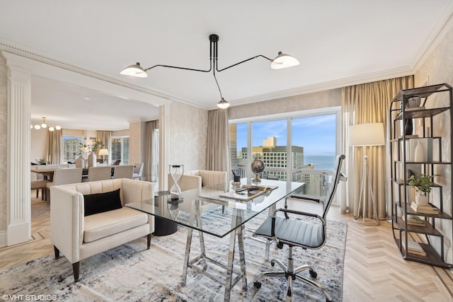 office space featuring a notable chandelier and crown molding