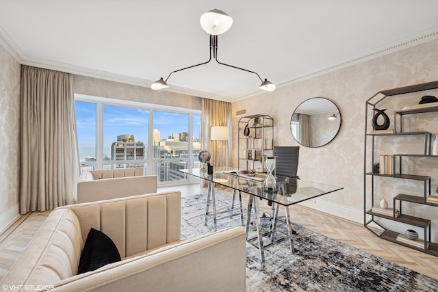 home office featuring baseboards, a city view, and crown molding