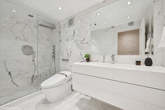 bathroom with marble finish floor, stone wall, and visible vents