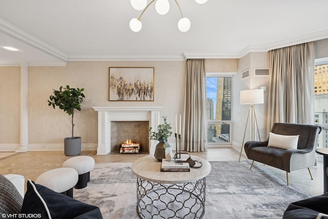 living area featuring ornamental molding, baseboards, visible vents, and a fireplace with flush hearth