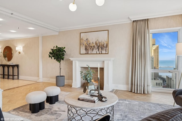 interior space with ornamental molding, a fireplace with flush hearth, and baseboards