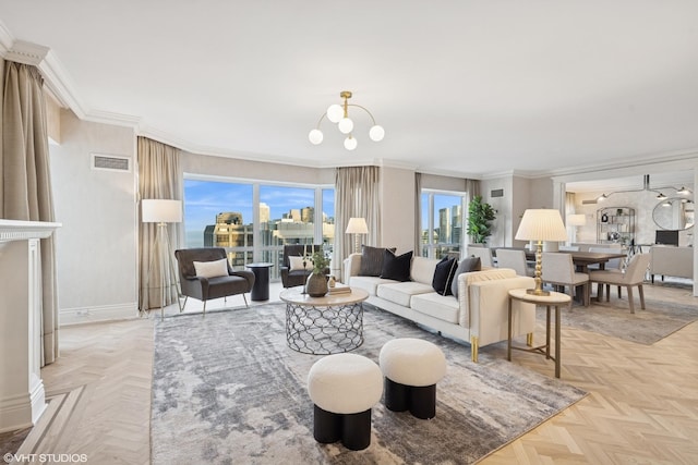 living area with crown molding, visible vents, a city view, and a notable chandelier