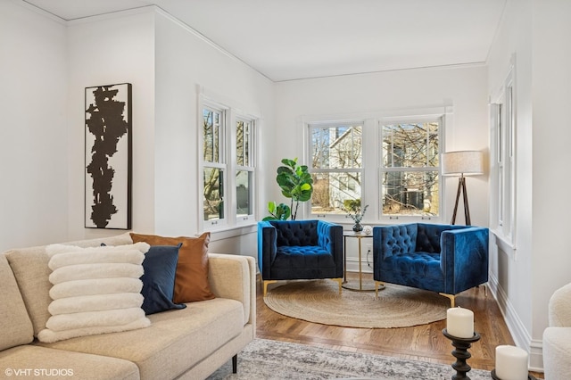 living area featuring ornamental molding and wood finished floors