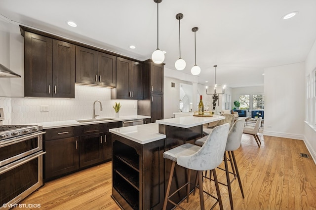 kitchen featuring a breakfast bar area, double oven range, a kitchen island, a sink, and light countertops