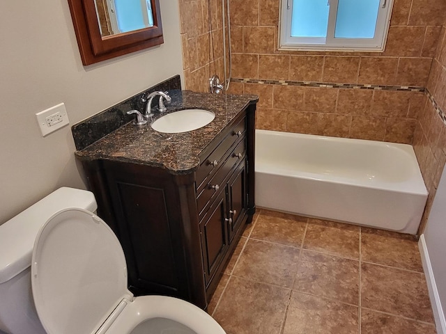 full bath with bathtub / shower combination, vanity, toilet, and tile patterned floors