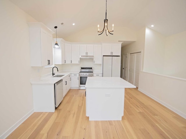 kitchen featuring light wood finished floors, a center island, stainless steel appliances, under cabinet range hood, and a sink