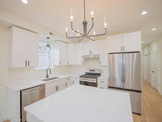 kitchen with appliances with stainless steel finishes, white cabinetry, a sink, and under cabinet range hood