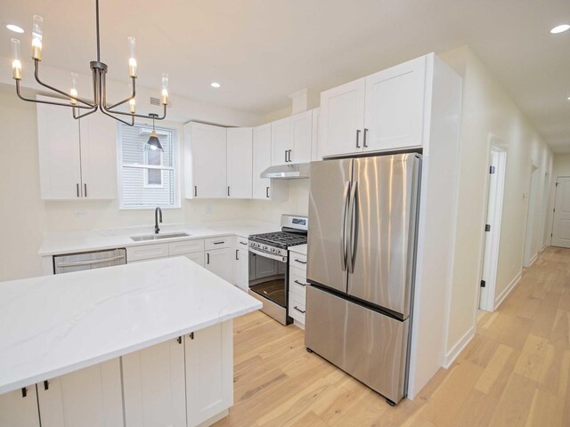 kitchen featuring light wood-style flooring, appliances with stainless steel finishes, white cabinets, a sink, and under cabinet range hood