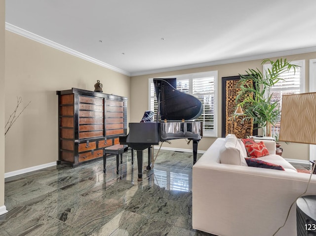 sitting room featuring marble finish floor, baseboards, and ornamental molding