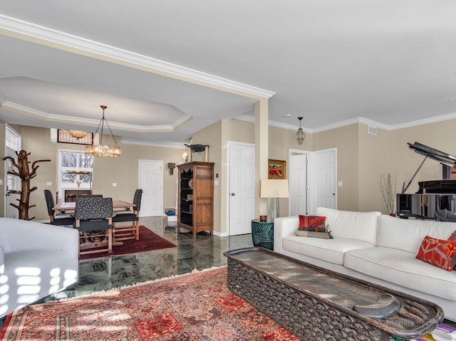 living area with baseboards, marble finish floor, a tray ceiling, crown molding, and a chandelier