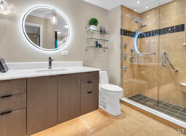 full bathroom featuring tile patterned floors, a shower stall, toilet, and vanity