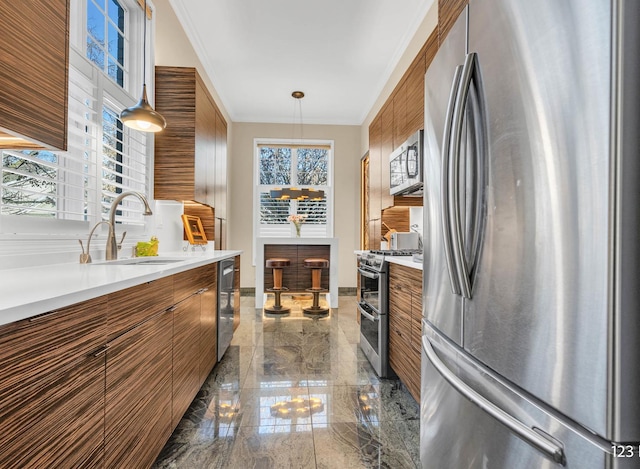 kitchen featuring marble finish floor, stainless steel appliances, a sink, and a healthy amount of sunlight