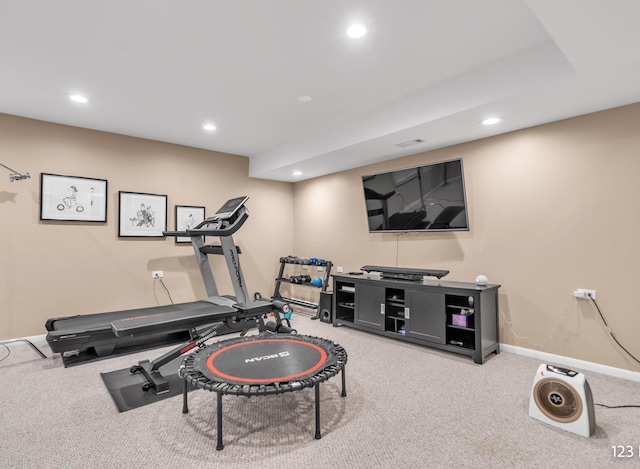 workout area with visible vents, baseboards, carpet flooring, and recessed lighting