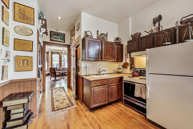 kitchen with range with electric cooktop, freestanding refrigerator, light countertops, under cabinet range hood, and a sink