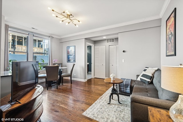 living room featuring baseboards, crown molding, visible vents, and dark wood-style flooring