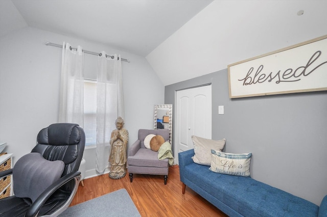 home office featuring vaulted ceiling and wood finished floors