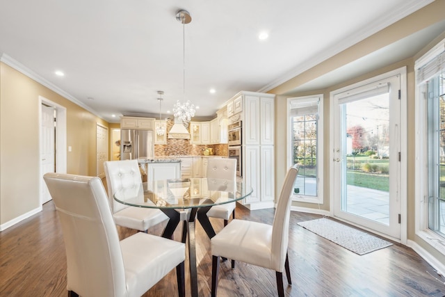 dining area with baseboards, ornamental molding, dark wood-type flooring, and recessed lighting