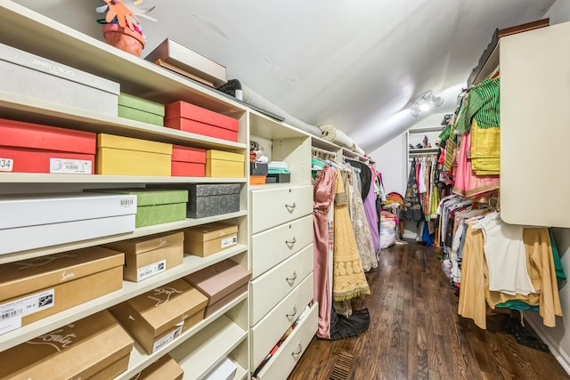 spacious closet with lofted ceiling, wood finished floors, and visible vents