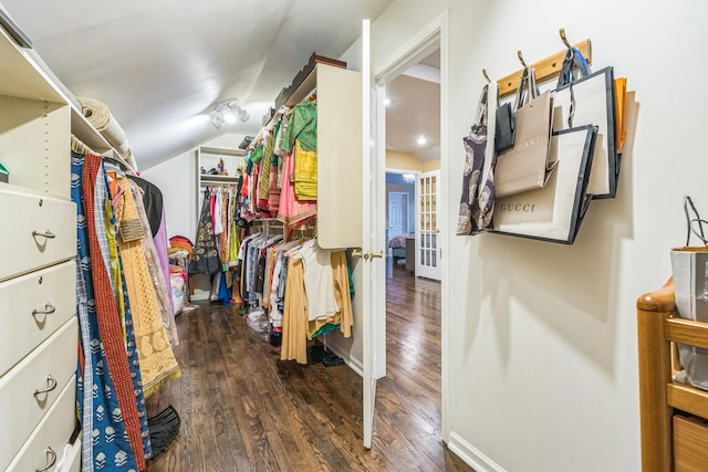 walk in closet with lofted ceiling and wood finished floors