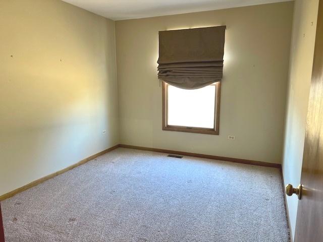 carpeted spare room with visible vents and baseboards