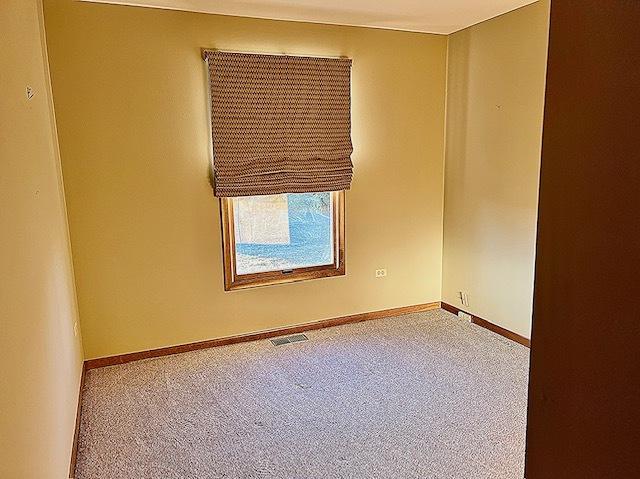 carpeted spare room with visible vents and baseboards