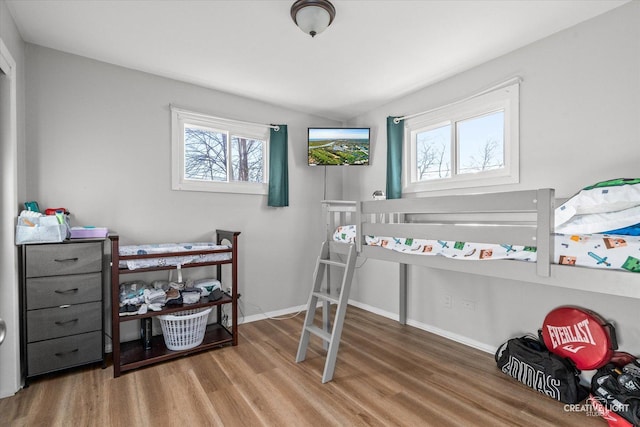 bedroom featuring multiple windows, wood finished floors, and baseboards