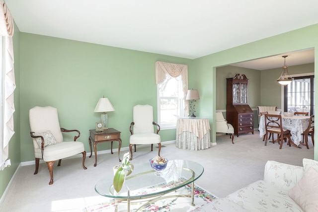 living room with baseboards and carpet floors