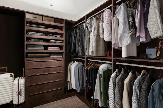 walk in closet with wood finished floors