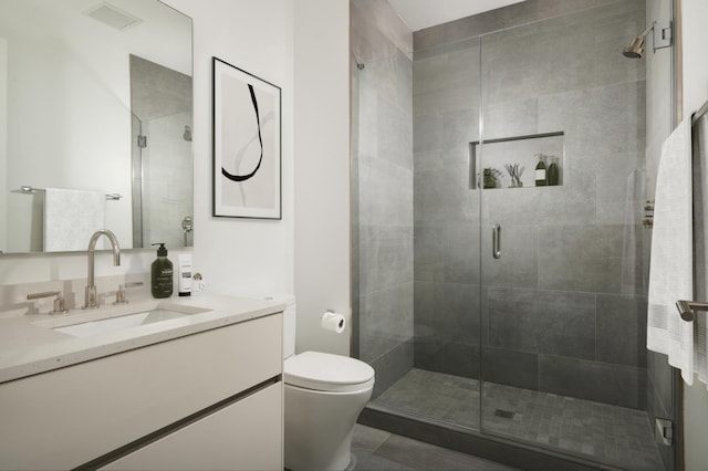 full bath with visible vents, a stall shower, vanity, and toilet