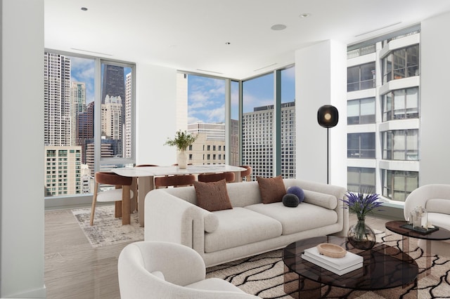 living room featuring a view of city, a wall of windows, and wood finished floors