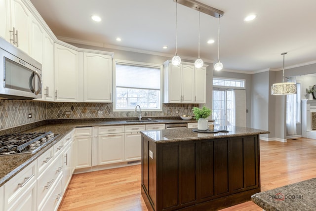 kitchen featuring light wood-type flooring, a sink, ornamental molding, and stainless steel appliances