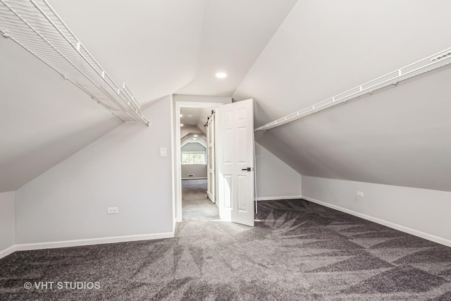 bonus room with recessed lighting, carpet flooring, vaulted ceiling, and baseboards