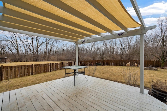 wooden terrace featuring a fenced backyard, a lawn, and a pergola