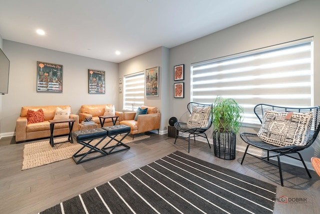 living area featuring recessed lighting, wood finished floors, and a healthy amount of sunlight