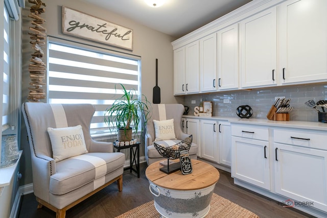 living area featuring dark wood-style floors