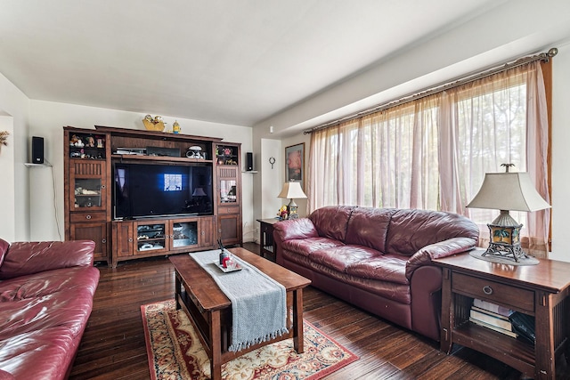 living room with dark wood-style flooring