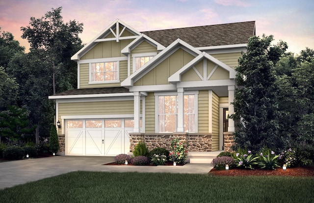 craftsman house featuring a shingled roof, concrete driveway, board and batten siding, a garage, and stone siding