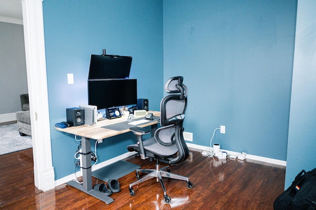 office with crown molding, wood finished floors, and baseboards