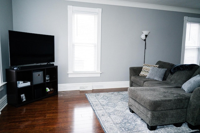 living area with ornamental molding, baseboards, and dark wood-style floors