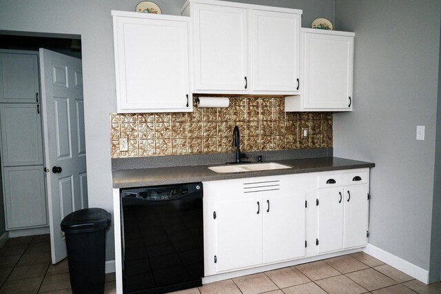 kitchen with a sink, white cabinetry, backsplash, dishwasher, and dark countertops