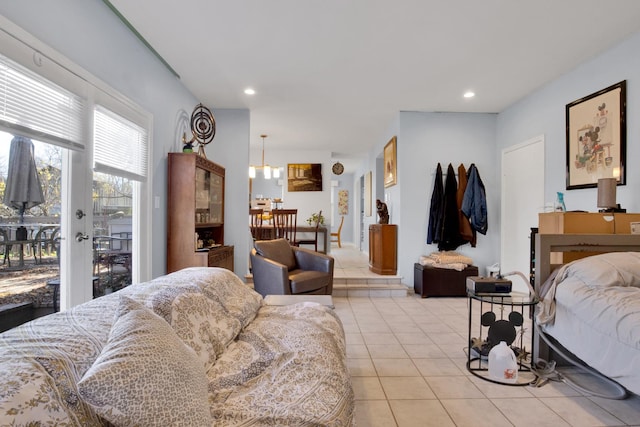 bedroom featuring light tile patterned floors, recessed lighting, and access to exterior
