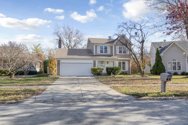 view of front of house with a garage, concrete driveway, and a chimney
