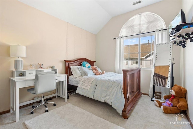 bedroom with light carpet, visible vents, baseboards, and lofted ceiling