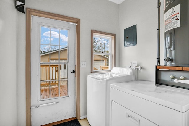 laundry area featuring water heater, laundry area, electric panel, and washer and dryer