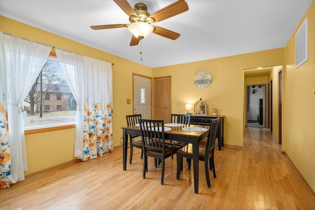 dining space featuring light wood-type flooring, visible vents, and baseboards