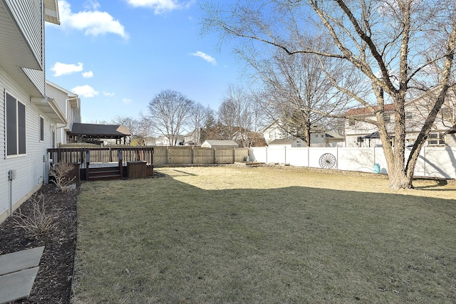 view of yard featuring a deck and a fenced backyard