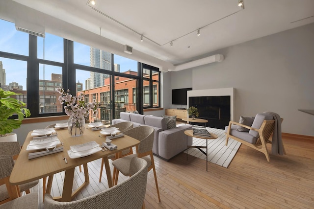 living area featuring rail lighting, light wood-style flooring, and a city view