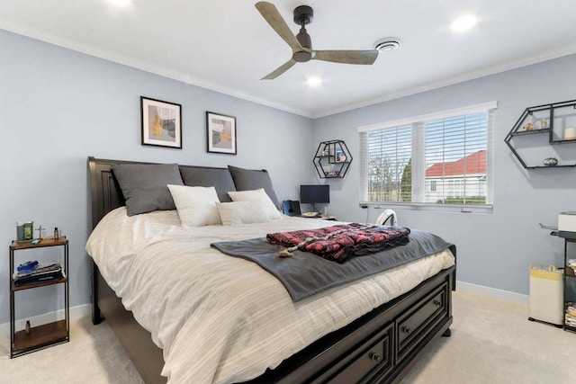 bedroom featuring light carpet, visible vents, baseboards, ceiling fan, and crown molding