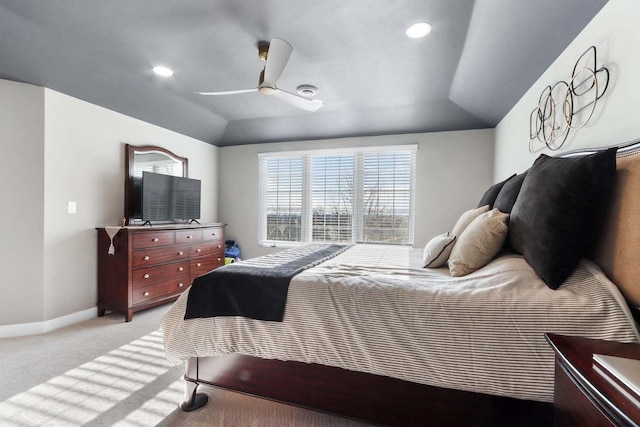 bedroom featuring baseboards, light colored carpet, lofted ceiling, ceiling fan, and recessed lighting